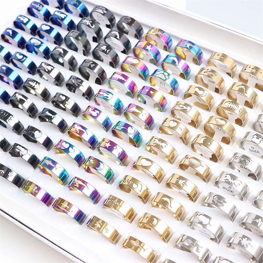 50Pcs/Lot Fashion Hollow Stainless Steel Rings Couple Mix Style Colorful Jewelry For Women Men No Fade Party Gift Wholesale
50Pcs/Lot Fashion Hollow Stainless Steel Rings Couple Mix Style Colorful Jewelry For Women Men No Fade Party Gift Wholesale