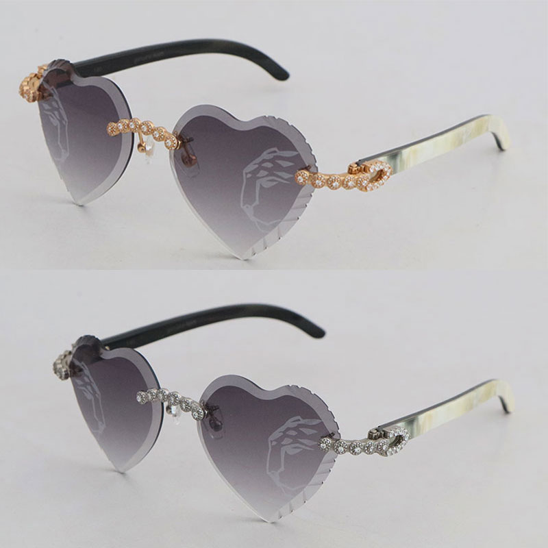 Moissanite Dia Set Rimless Sunglasses for Women Original White Inside Black Buffalo Horn Men glasses Carved Angled iangle lens Big Stones Glasses