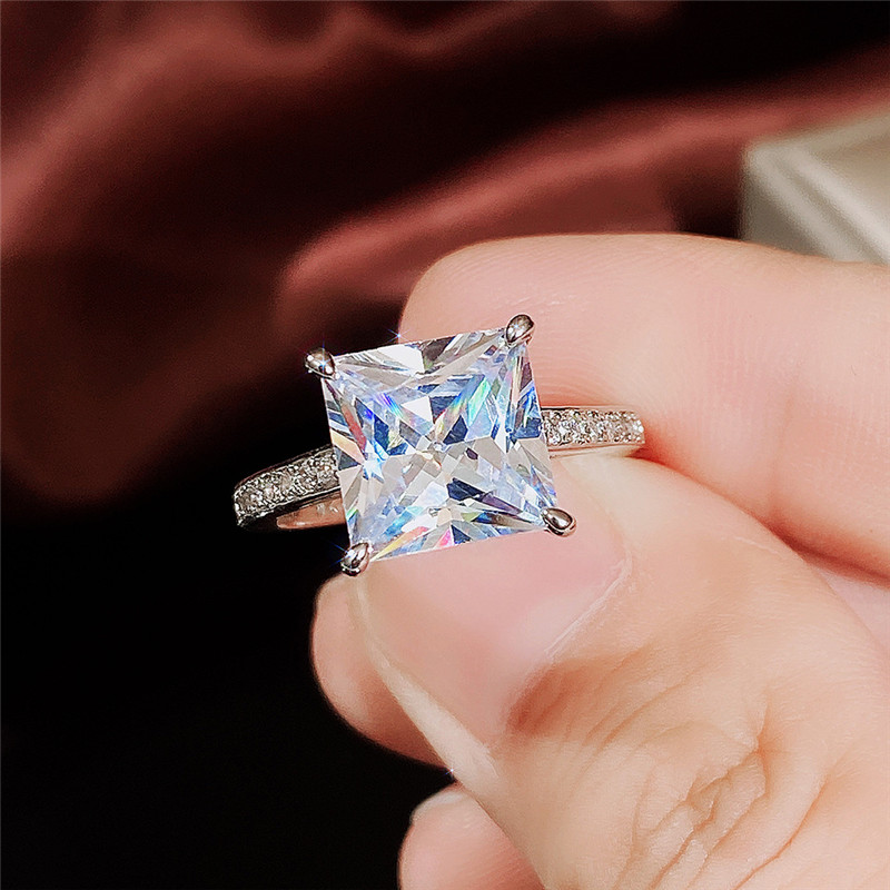 Handmade Wedding Rings Solitaire Simple Fashion Jewelry 925 Sterling Silver Princess Cut Big 5A Cubic Zircon Party Pormise Women Engagement Band Ring 