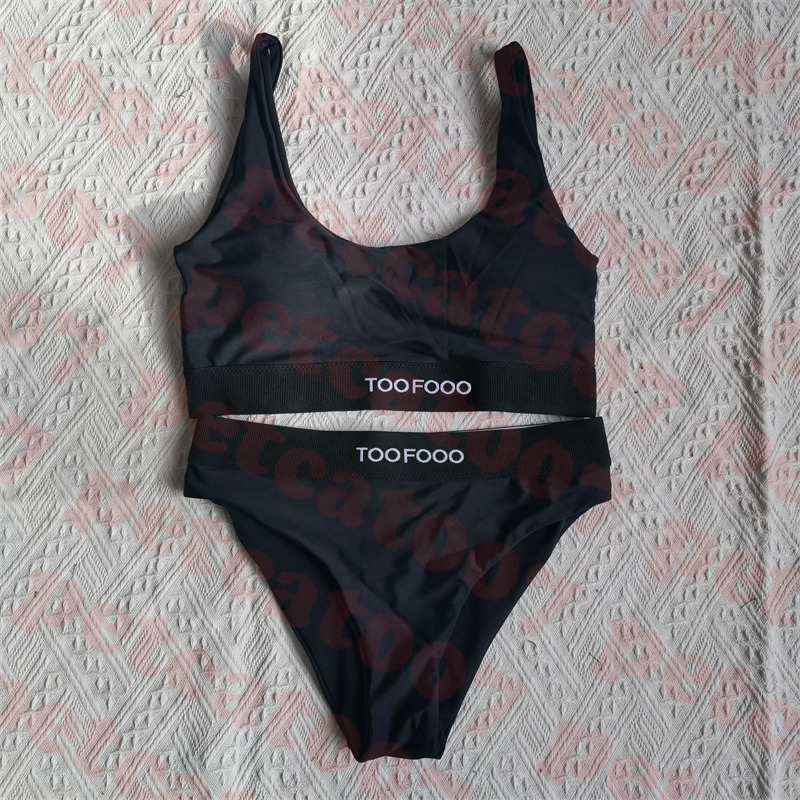 Bikini Sportivo Nero Slip Donna Con Scritta, Costume Classico Asciugatura Rapida