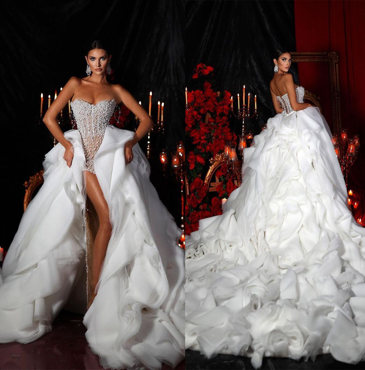 Luxurious Pearls Wedding Dresses Beaded Bridal Gown Custom Made Side Split Sweetheart Detachable Train Ruffles Wedding Gowns