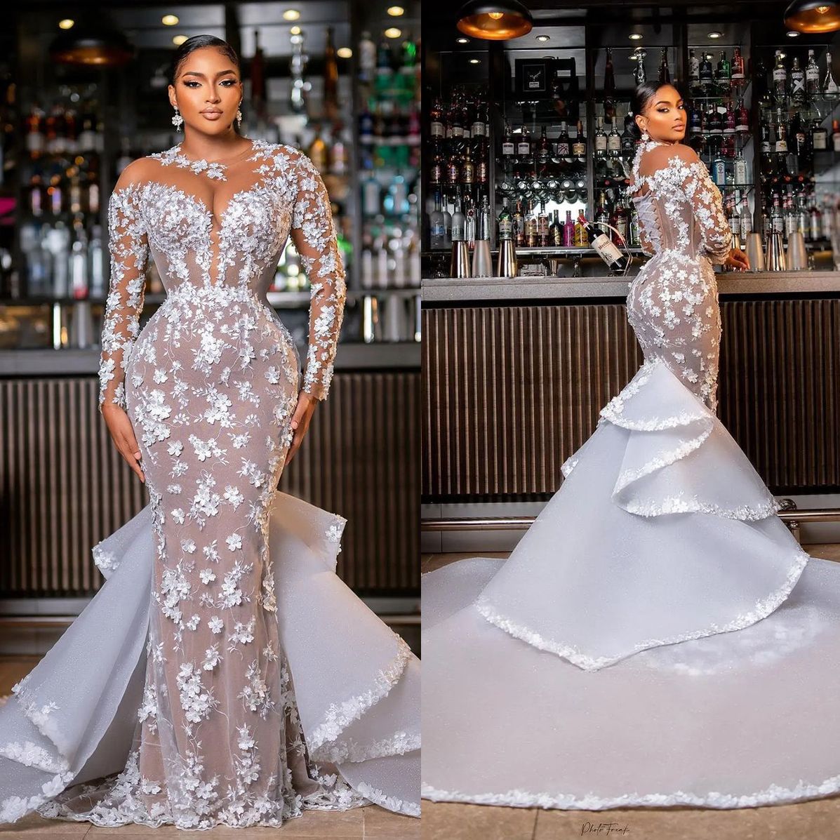 Elegant Mermaid Wedding Dresses Full Sleeve Flowers Applique Vestido De Noiva Custom Made Long Train Bridal Dress