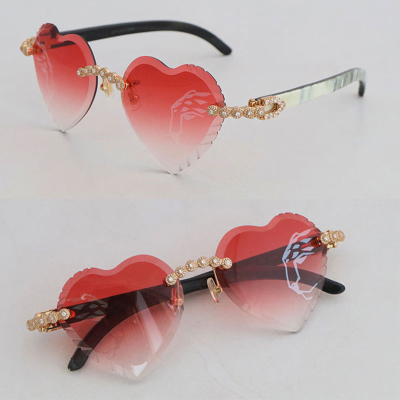 Moissanite Dia Set Rimless Sunglasses for Women Original White Inside Black Buffalo Horn Men glasses Carved Angled iangle lens Big Stones Glasses