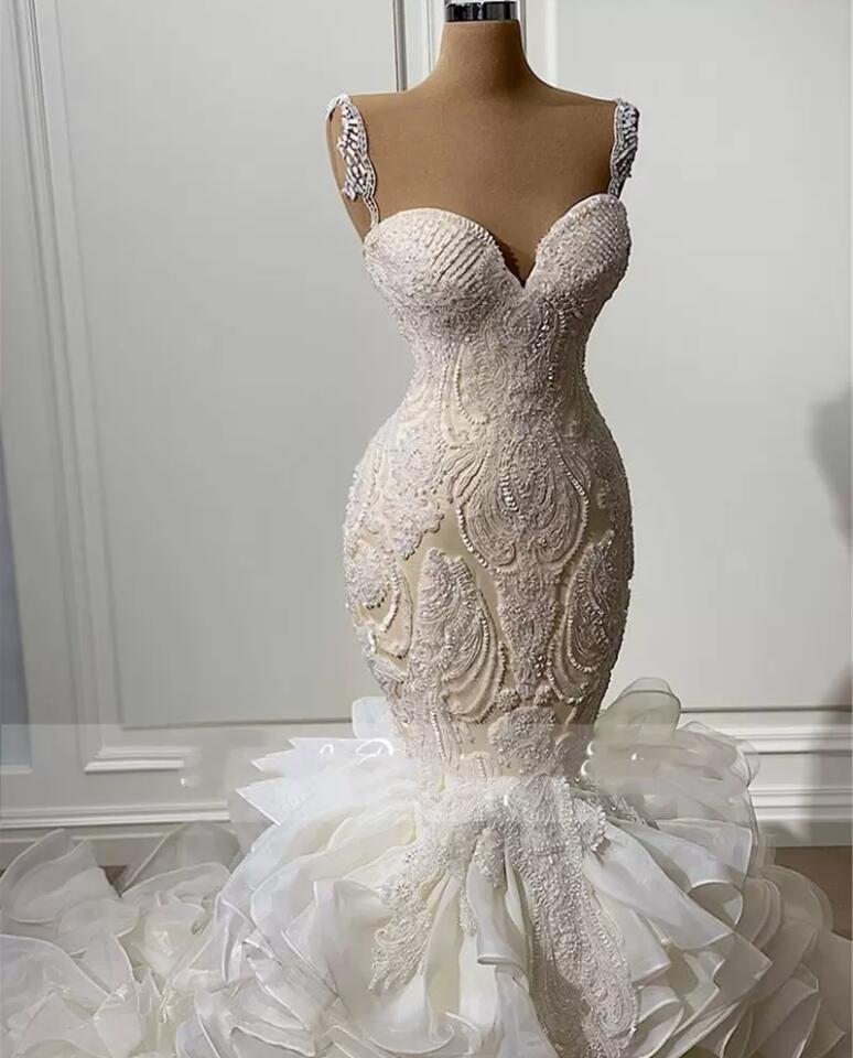 Luxury Crystals Beaded Mermaid Wedding Dresses Tiered Ruffles Skirt Cathedral Train Trumpet Lace Straps Sweetheart Bridal Dress