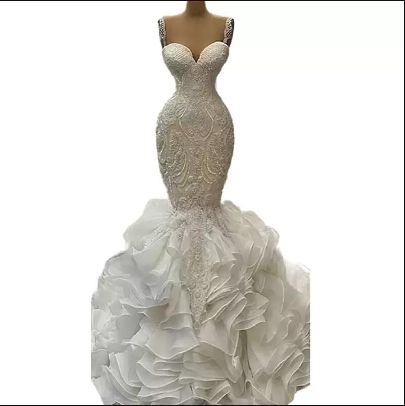Luxury Crystals Beaded Mermaid Wedding Dresses Tiered Ruffles Skirt Cathedral Train Trumpet Lace Straps Sweetheart Bridal Dress