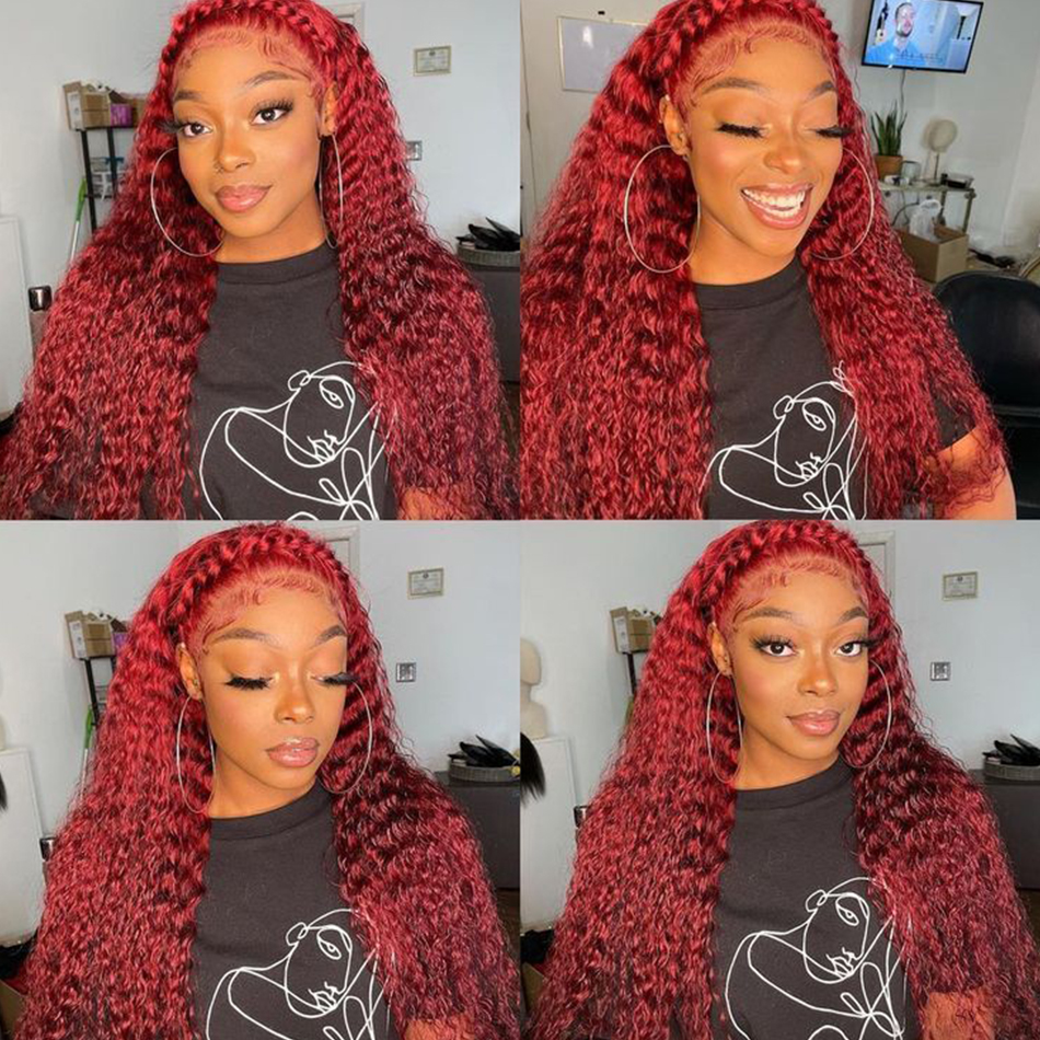 13x4 Red Color 180% Curly Human Hair Wigs for Women 99J Bury Transparent Deep Wave Lace Frontal Wig Synthetic
