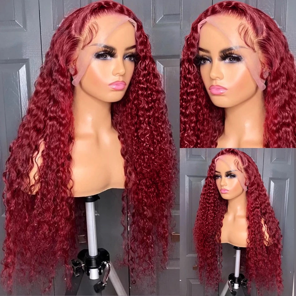 13x4 Red Color 180% Curly Human Hair Wigs for Women 99J Bury Transparent Deep Wave Lace Frontal Wig Synthetic