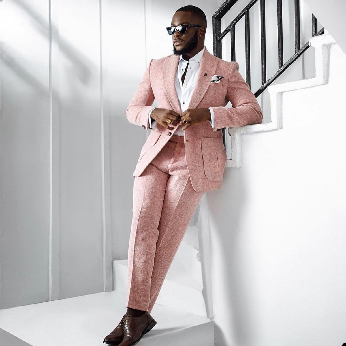 Pink Woolen Men Tuxedos 2 Pieces Designer Custom Made Winter Wedding Suits For Business Formal Wear