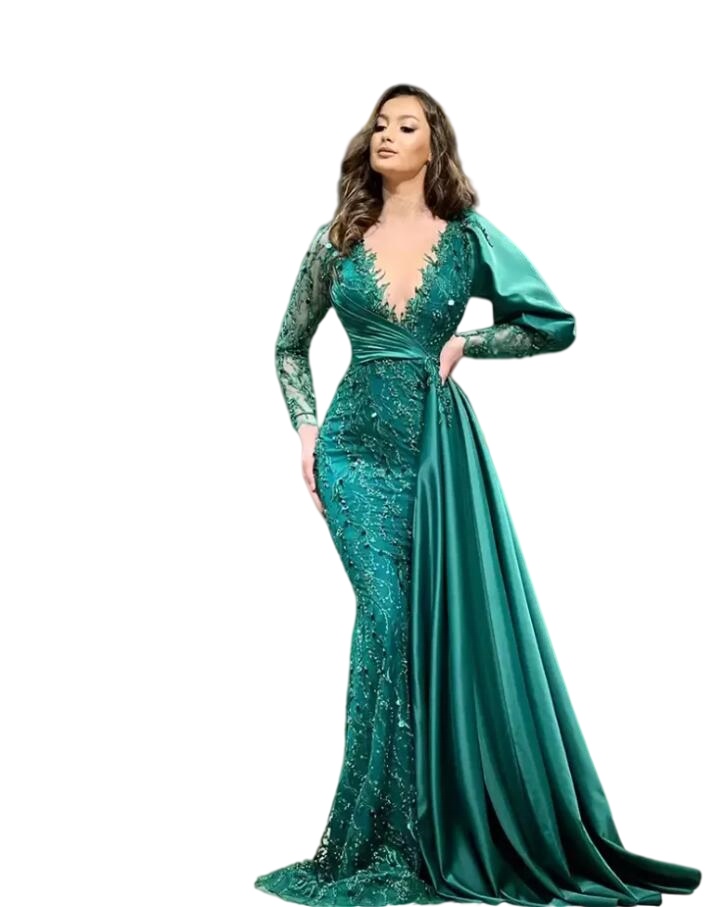 Hunter Green Pageant Prom Dresses Dubai Evening Gowns Mermaid Lace Sequin Muslim Formal Dress Long Sleeve Vestidos De Gala