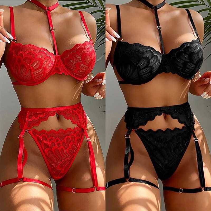 Image of Sexy Set Erotic Lingerie Women Bra Garters Thongs Patchwork See Through Ladies Underwear Porn Costumes