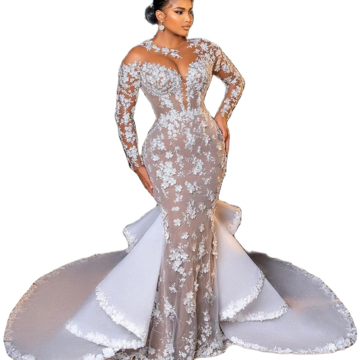 Elegant Mermaid Wedding Dresses Full Sleeve Flowers Applique Vestido De Noiva Custom Made Long Train Bridal Dress