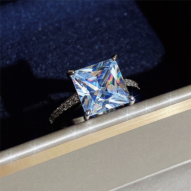 Handmade Wedding Rings Solitaire Simple Fashion Jewelry 925 Sterling Silver Princess Cut Big 5A Cubic Zircon Party Pormise Women Engagement Band Ring 
