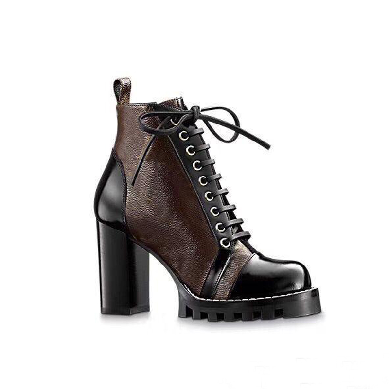 High heeled boots Autumn winter Coarse heel women designer shoes Printed Desert Boot real leather zipper letter Lace up Fashion lady Heels Large size 35-41-42 With box