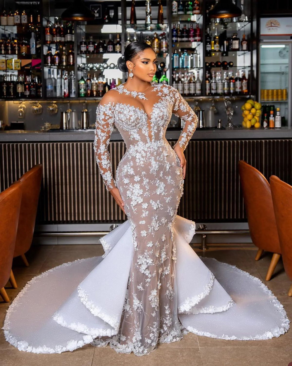 Elegant Mermaid Wedding Dresses Full Sleeve Flowers Applique Vestido De Noiva Custom Made Long Train Bridal Dress