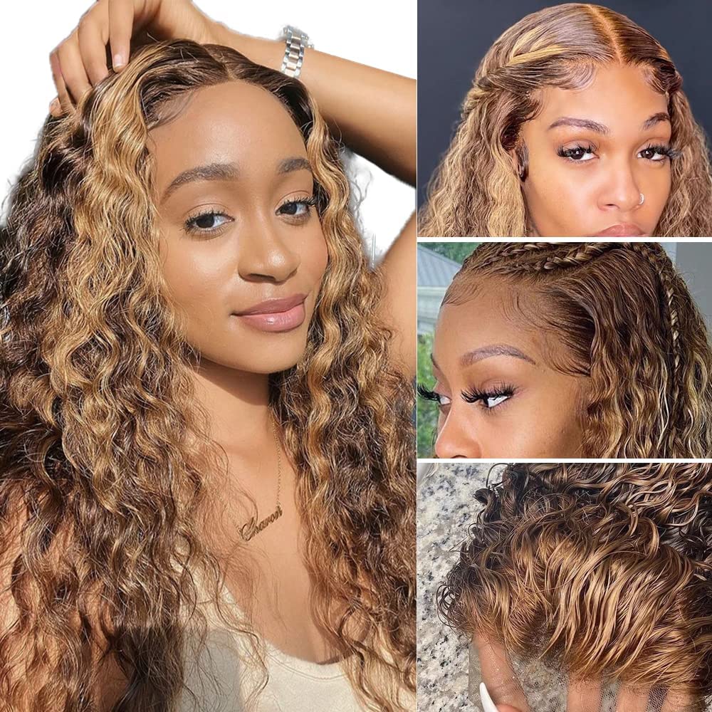 Honey Blonde Deep Curly Lace Front Wig for Black Women Brazilian Human Hair Highlight Curly 13x4 Frontal Wig HD Transparent Synthetic