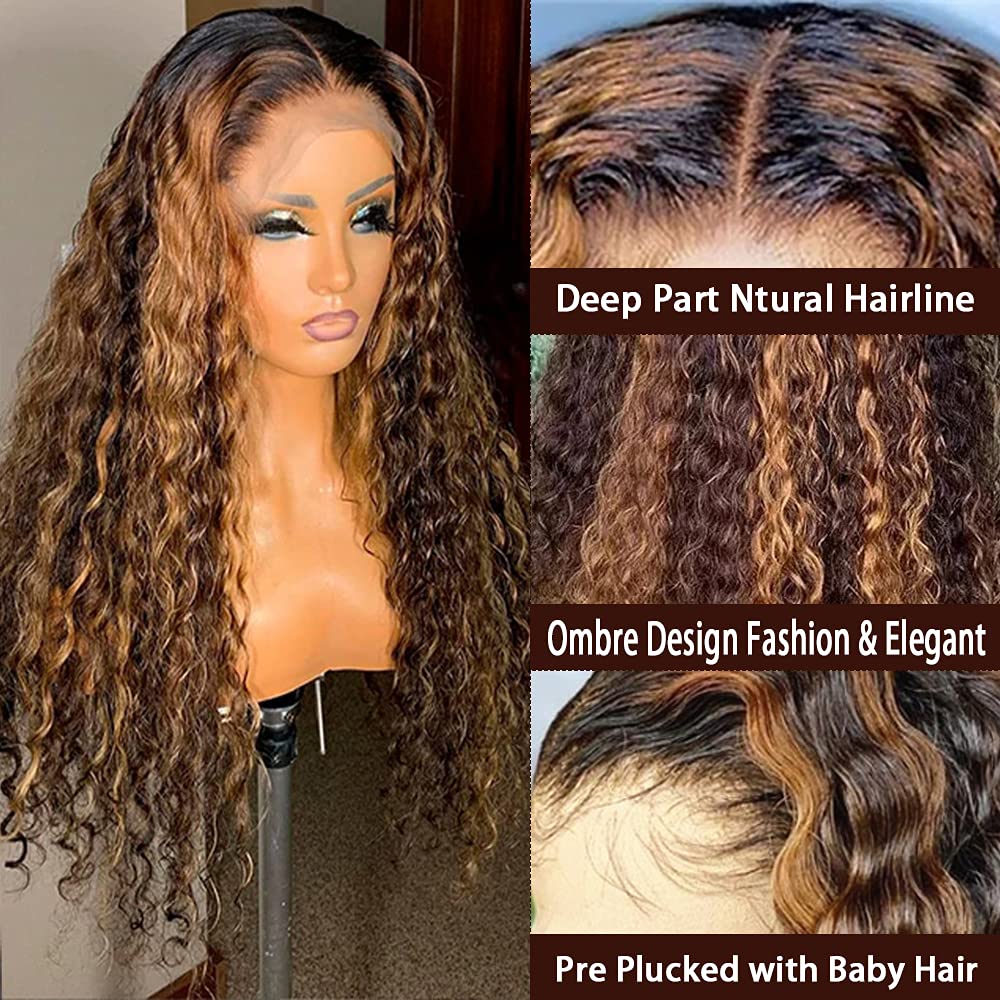 Honey Blonde Deep Curly Lace Front Wig for Black Women Brazilian Human Hair Highlight Curly 13x4 Frontal Wig HD Transparent Synthetic