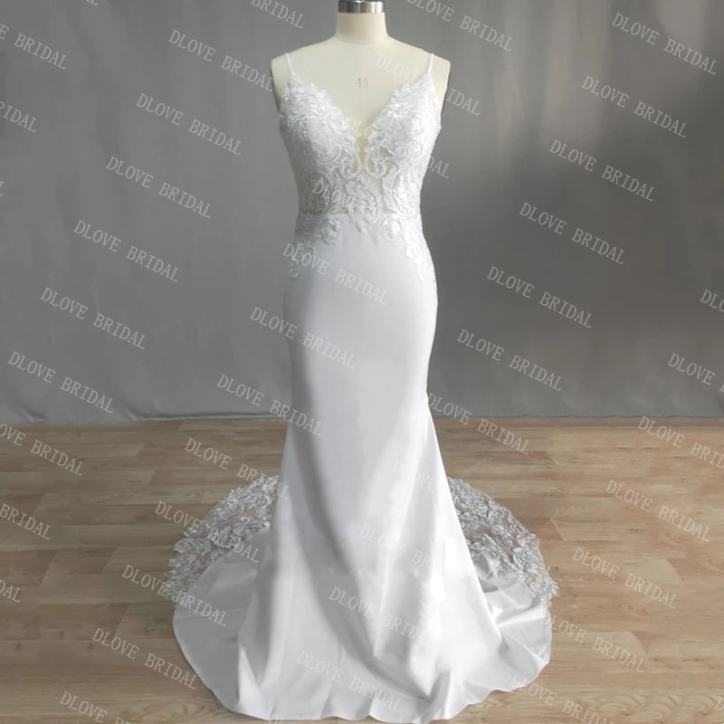 Real Image Lace Mermaid Wedding Dress 2022 Spaghetti Straps V-Neck Backless Bridal Gown
