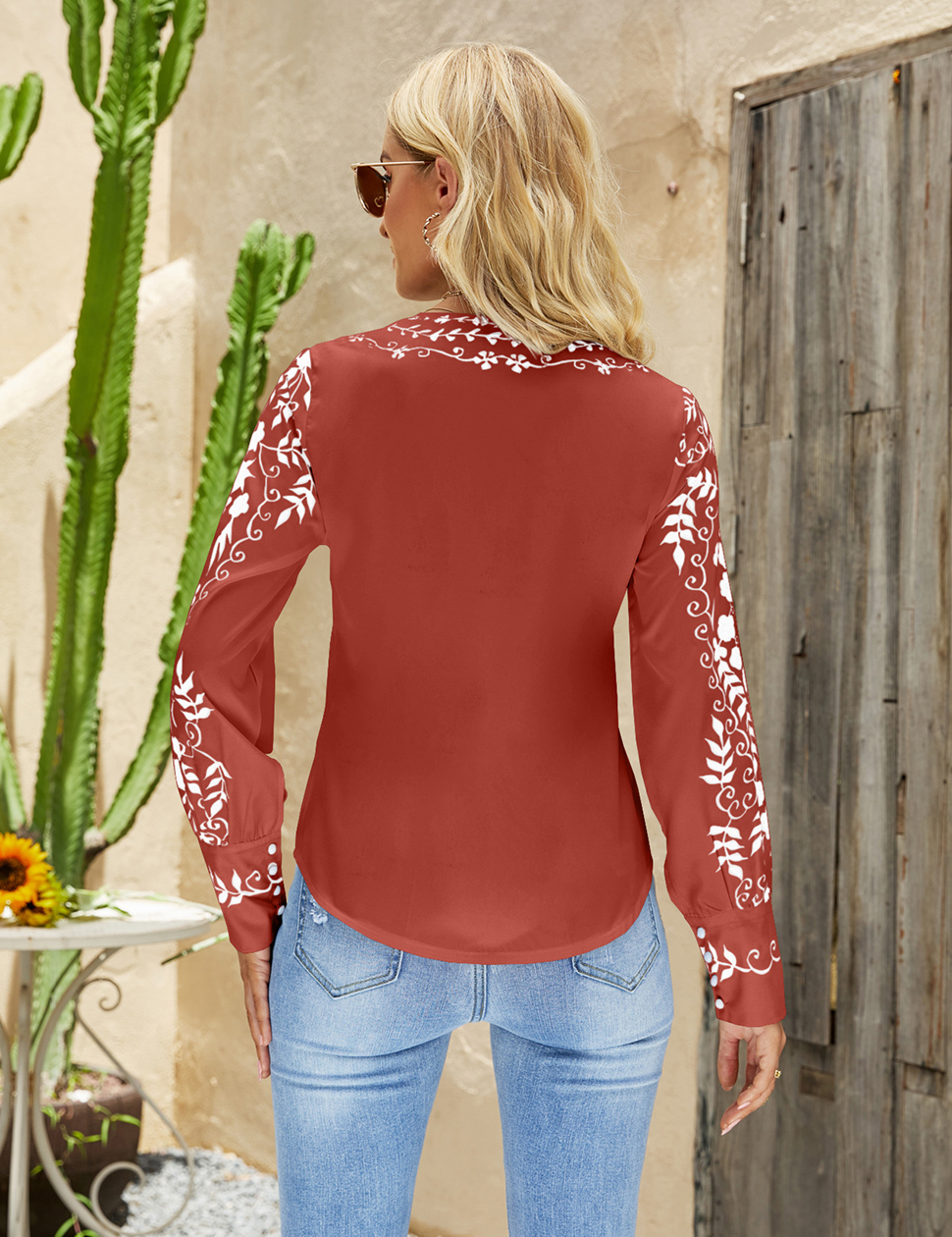 Women Shirts Ethnic Style Floral Printed Long Sleeve V Neck Casual Loose Blouse Shirt