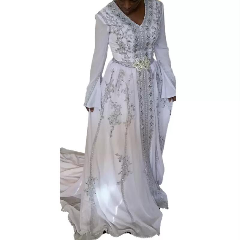 Crystals Beaded Moroccan Kaftan Prom Dresses White Chiffon Long Sleeve muslim Evening Gowns With Silver Lace Applique