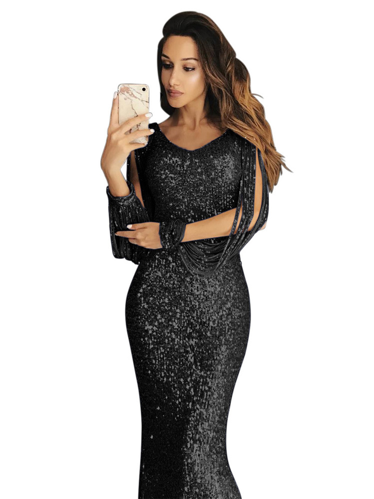 Party Dress Women's-Dress European and American Sequins Long-Dress Evening-Dress Long Sleeve Tassel Sleeve Dinner V-Neck