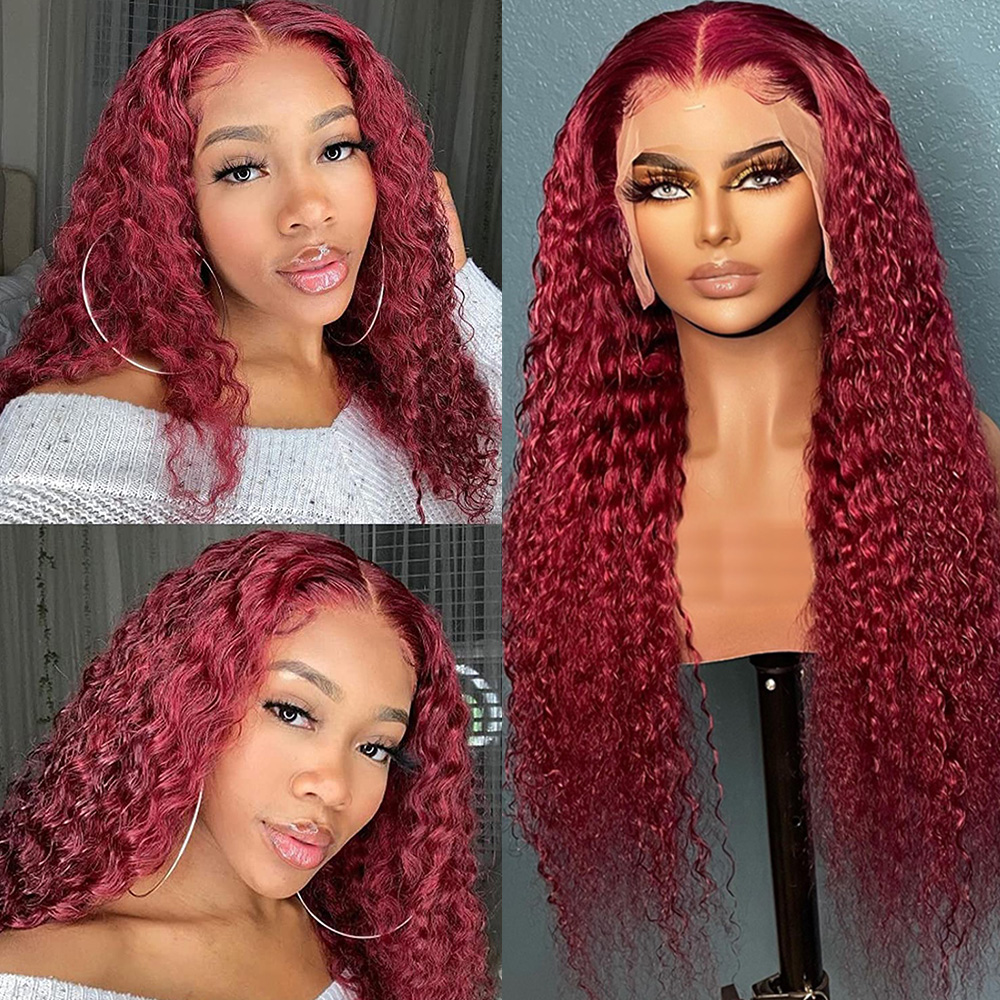 Burgundy Deep Wave Lace Frontal Wig 180% Density 13X4 Colored Red Curly Human Hair Wig HD Lace Synthetic Wigs