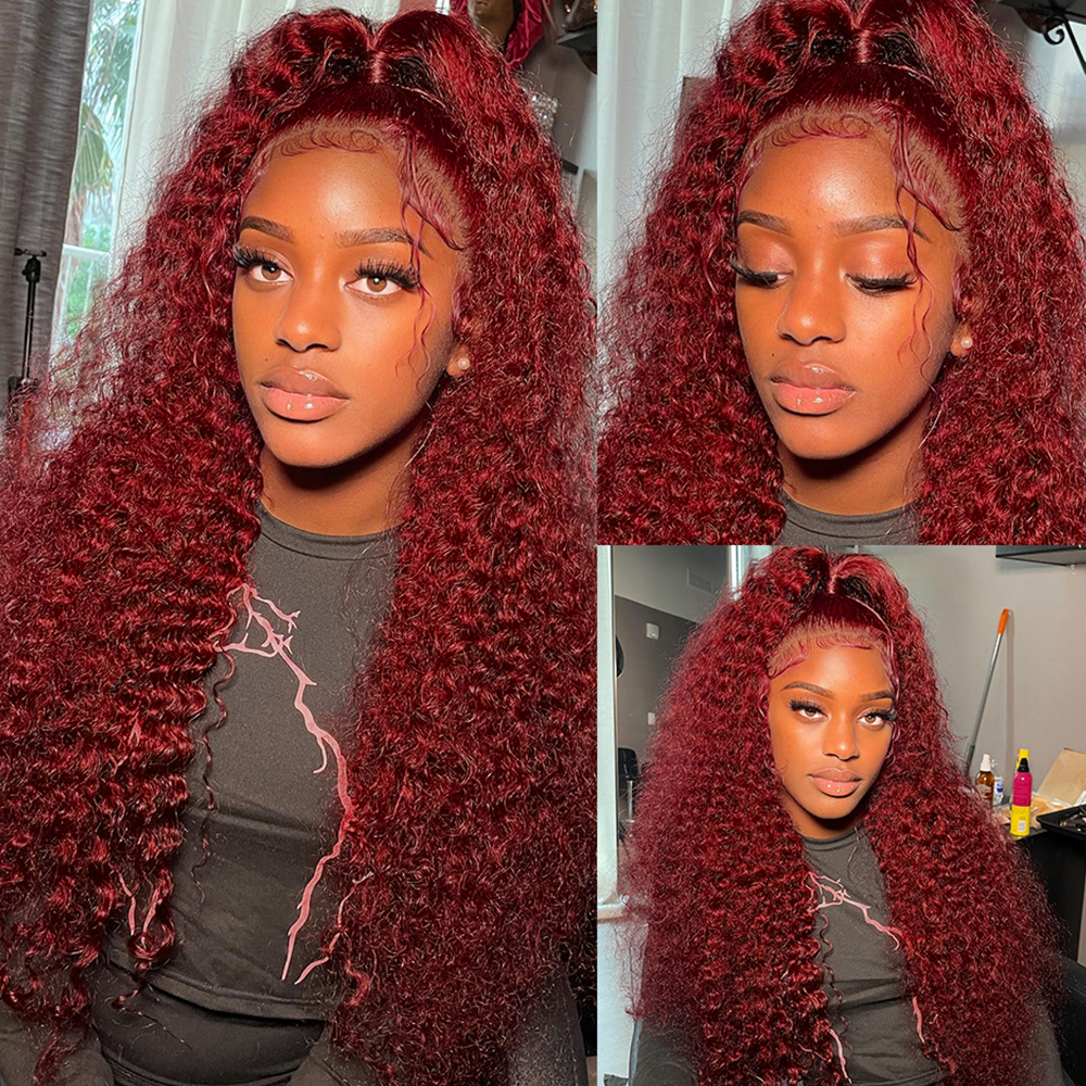 Burgundy Deep Wave Lace Frontal Wig 180% Density 13X4 Colored Red Curly Human Hair Wig HD Lace Synthetic Wigs