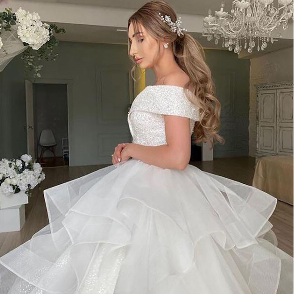 Sparkly Cascading Ruffles Ball Wedding Dresses Off the Shoulder Glitter Bridal Gown Beading Top Arabic Dubai vestidos de mariage 0516