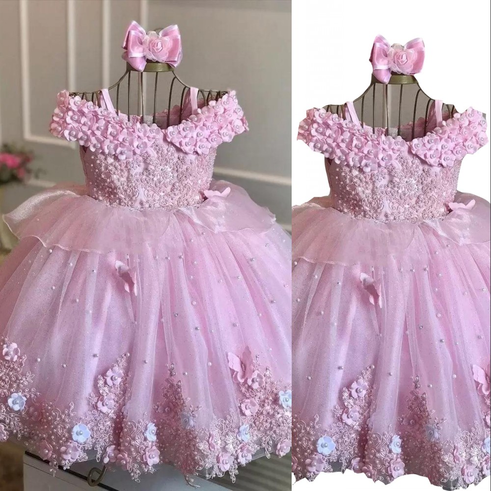 Flower Girls Dresses Lovely Purple Pink Off Shoulder Princess Tulle Lace 3D Floral Flowers Crystal Beads Pearls Floor Length Kids Birthday Girl Pagean