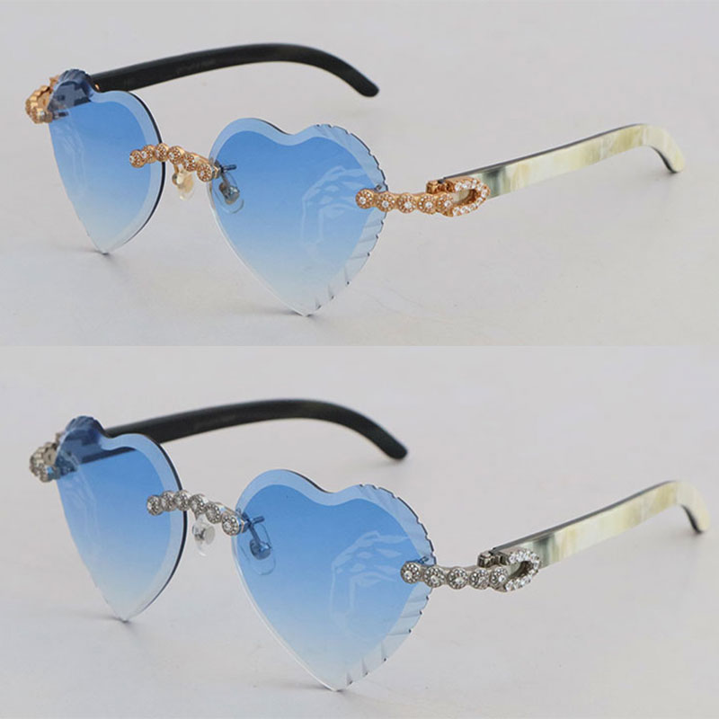 Moissanite Dia Set Rimless Sunglasses for Women Original White Inside Black Buffalo Horn Men glasses Carved Angled iangle lens Big Stones Glasses