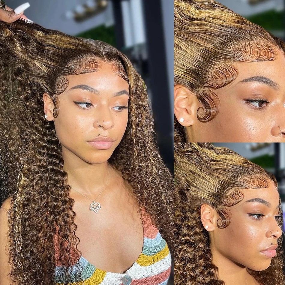 Honey Blonde Deep Curly Lace Front Wig for Black Women Brazilian Human Hair Highlight Curly 13x4 Frontal Wig HD Transparent Synthetic