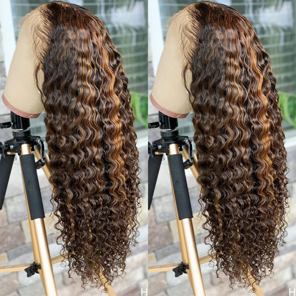 Honey Blonde Deep Curly Lace Front Wig for Black Women Brazilian Human Hair Highlight Curly 13x4 Frontal Wig HD Transparent Synthetic