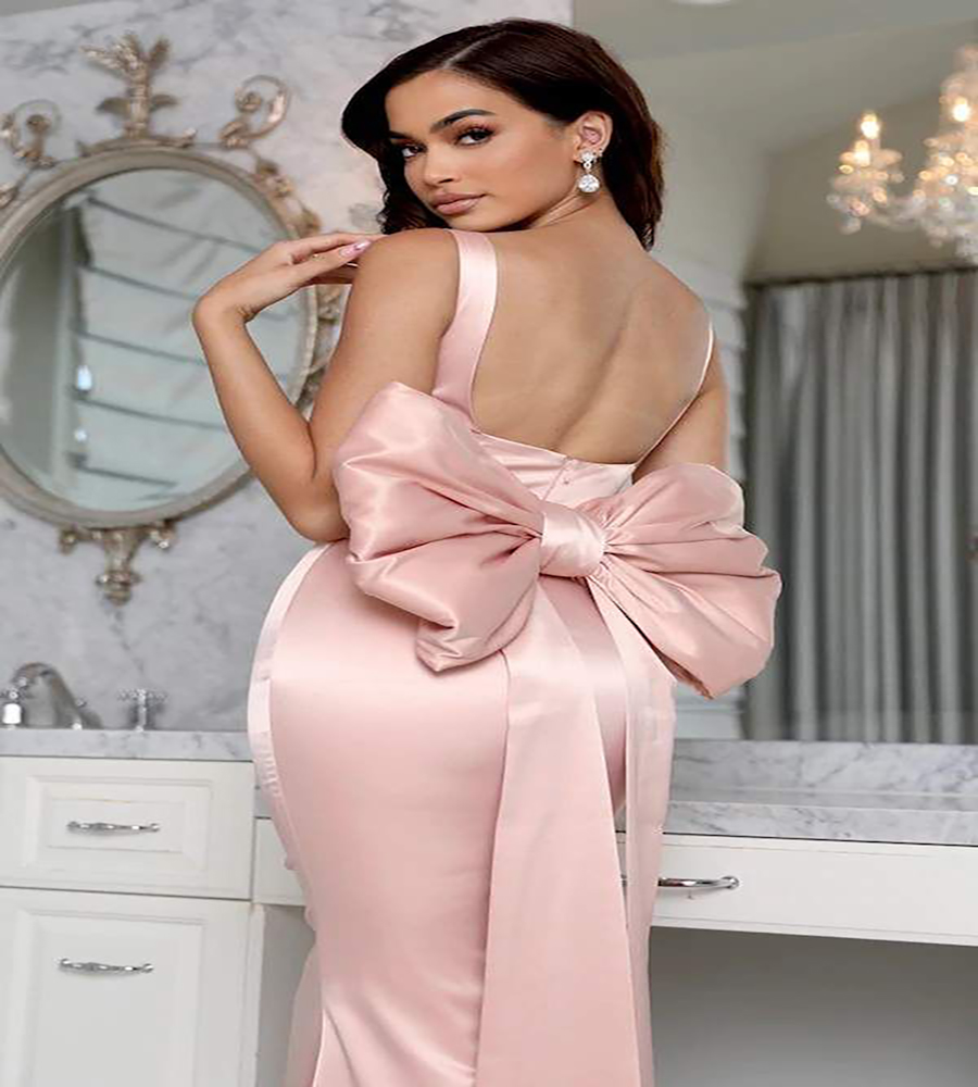 Abaya Mermaid Pink Evening Dress 2023 With Big Bow Sexy Square Neck Backless Silk Satin Prom Dresses Arabic Korean Long Party Special Occasion Recepti