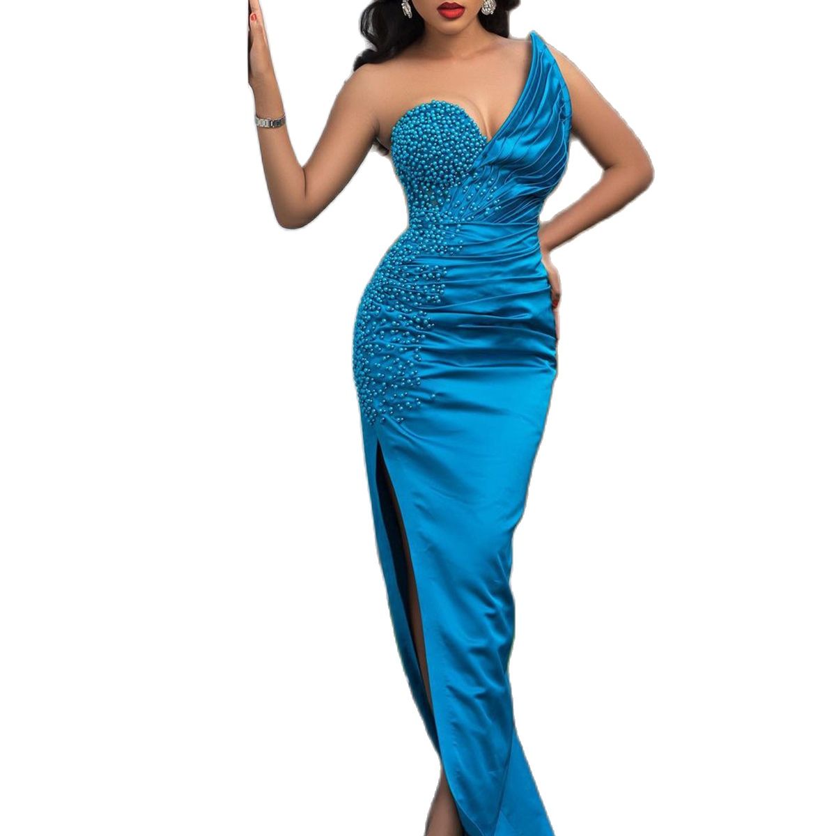 Elegant Blue Mermaid Evening Dresses Sexy One Shoulder Pearls Prom Dress High Split Formal Party Gowns
