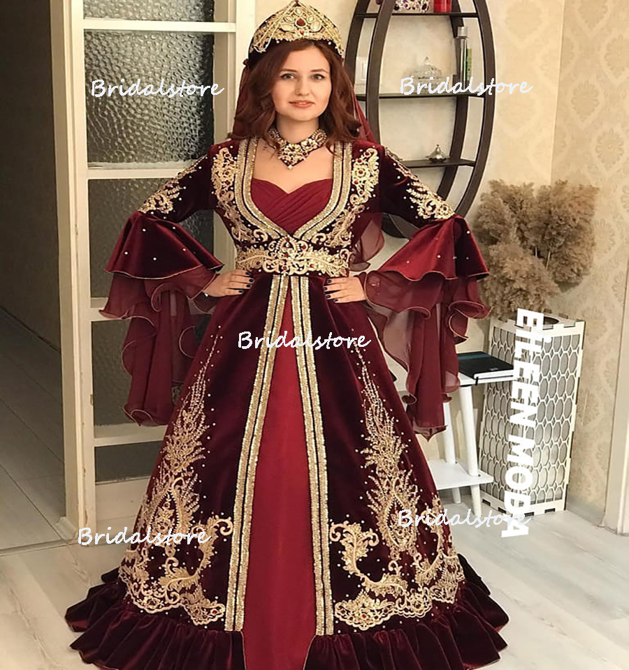Luxury Kaftan Abaya Burgudy Moroccan Evening Dress 2023 Puff Sleeve Velvet Pearl Bead Lace Muslim Prom Gown Turish Israel Women Formal Party Engagemen