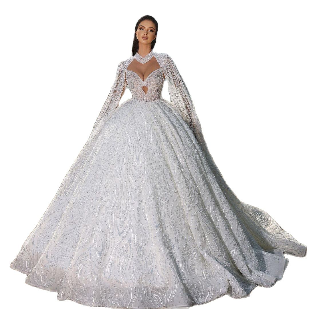 Haute Couture Princess Wedding Dress Sparkly Wraps Long Sleeve Bridal Ball Gowns Sequins Beads Custom Made Robes
