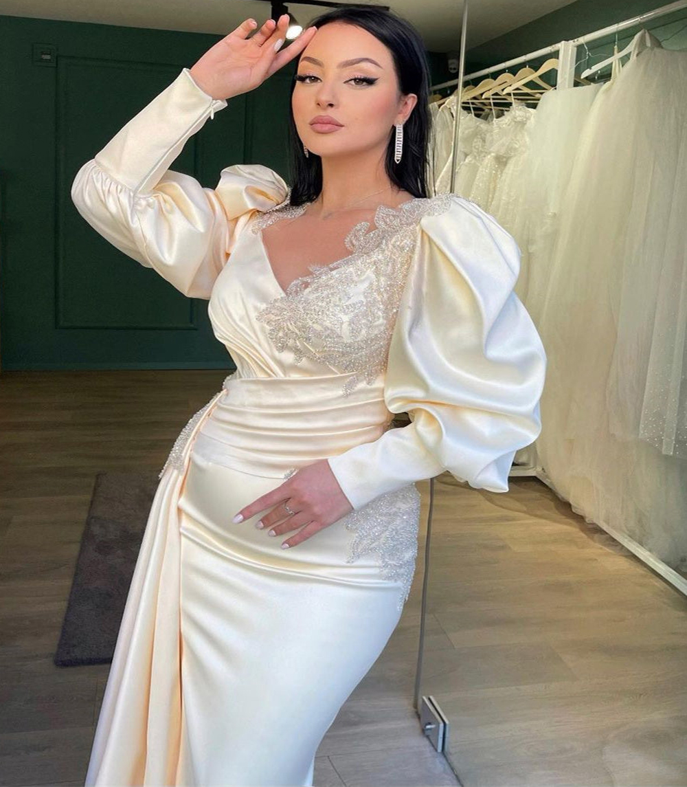 Luxury Arabic Dubai Evening Dress 2023 Puff Long Sleeve Mermaid Prom Dresses Floor Length Silk Satin Formal Dance Party Gowns Elegant Women Dinner Ves