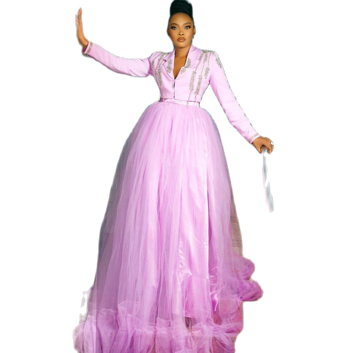 Fashion Pink Evening Dresses Sexy V Neck Beads Tops 2 Pieces A Line Floor Length Prom Dress Tulle Formal Party Gowns