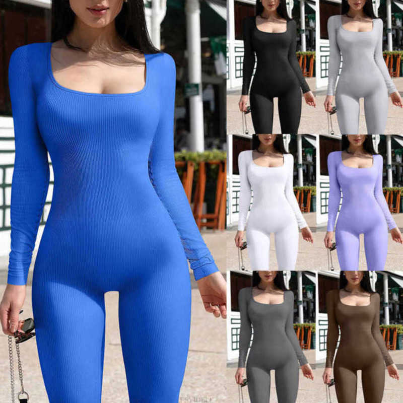 Women Jumpsuits Designer 2023 Slim New Clothing Solid Spring Winter New Product Threaded Square Neck Hip Lifting One Piece Pants Rompers