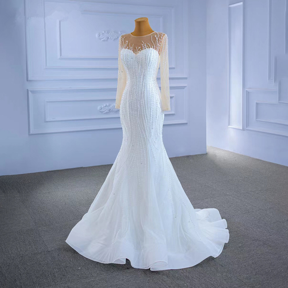 2in1 Mermaid Wedding Dresses with Detachable Train 2023 Illusion Long Sleeve Gillter Luxury Beaded Pearls Lace-up Bridal Gowns