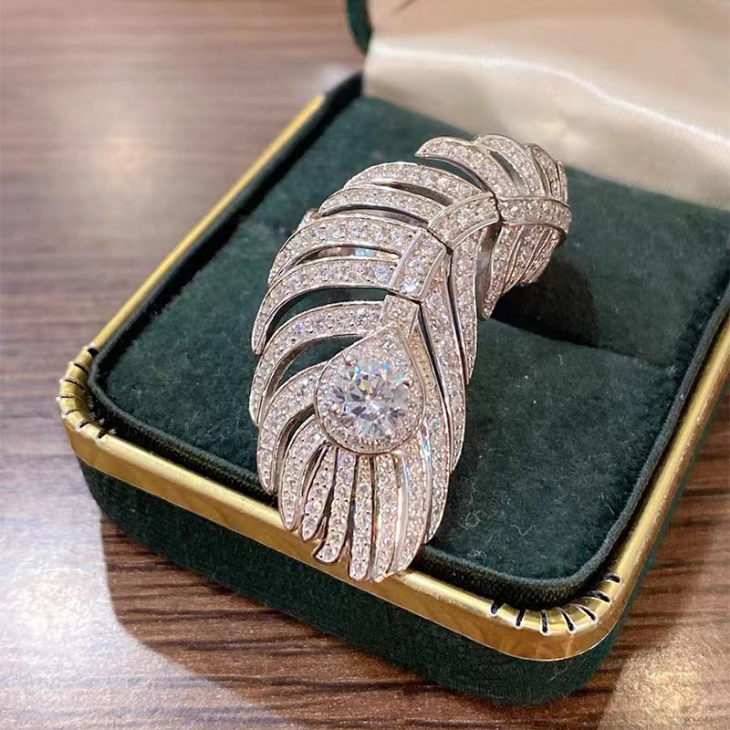Ins Top Sell Wedding Rings Luxury Jewelry 925 Sterling Silver Pave White Sapphire CZ Diamond Gemstones Eternity Feather Open Adjustable Ring for Lover