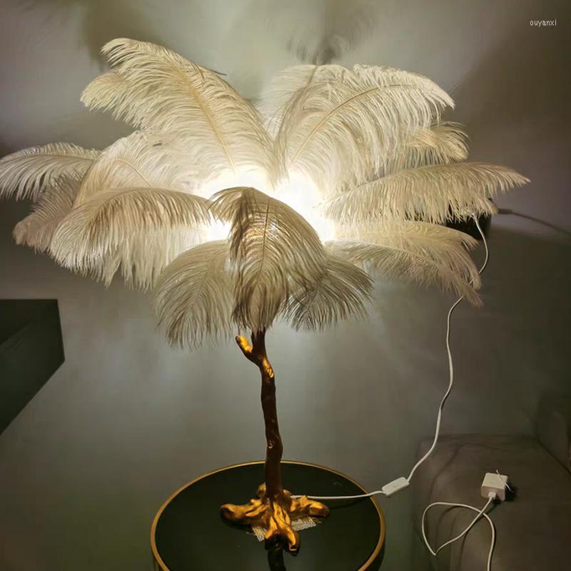 Lamps Floor Nordic Ostrich Feather Led Lamp Resin Copper Living Room Home Decor Standing Light Indoor Lighting Bedroom Bedside ing