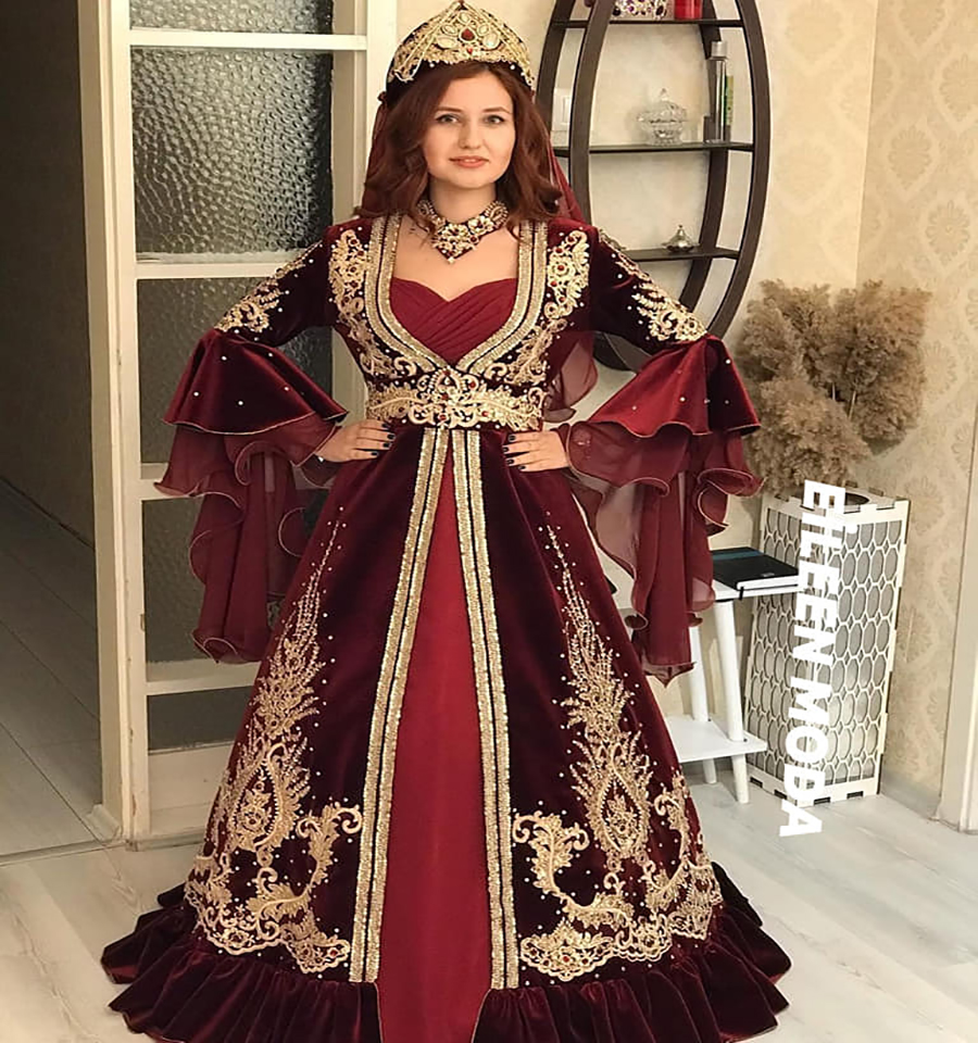 Luxury Kaftan Abaya Burgudy Moroccan Evening Dress 2023 Puff Sleeve Velvet Pearl Bead Lace Muslim Prom Gown Turish Israel Women Formal Party Engagemen