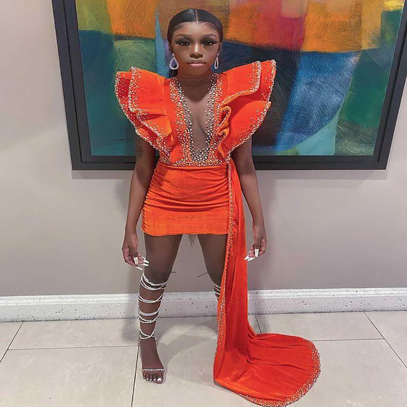 Plus Size Yellow Orange Evening Dress 2023 Short Velvet Black Girls Prom Dress With Train Bead Large African Cocktail Party Dreses Women Dinner Vestid