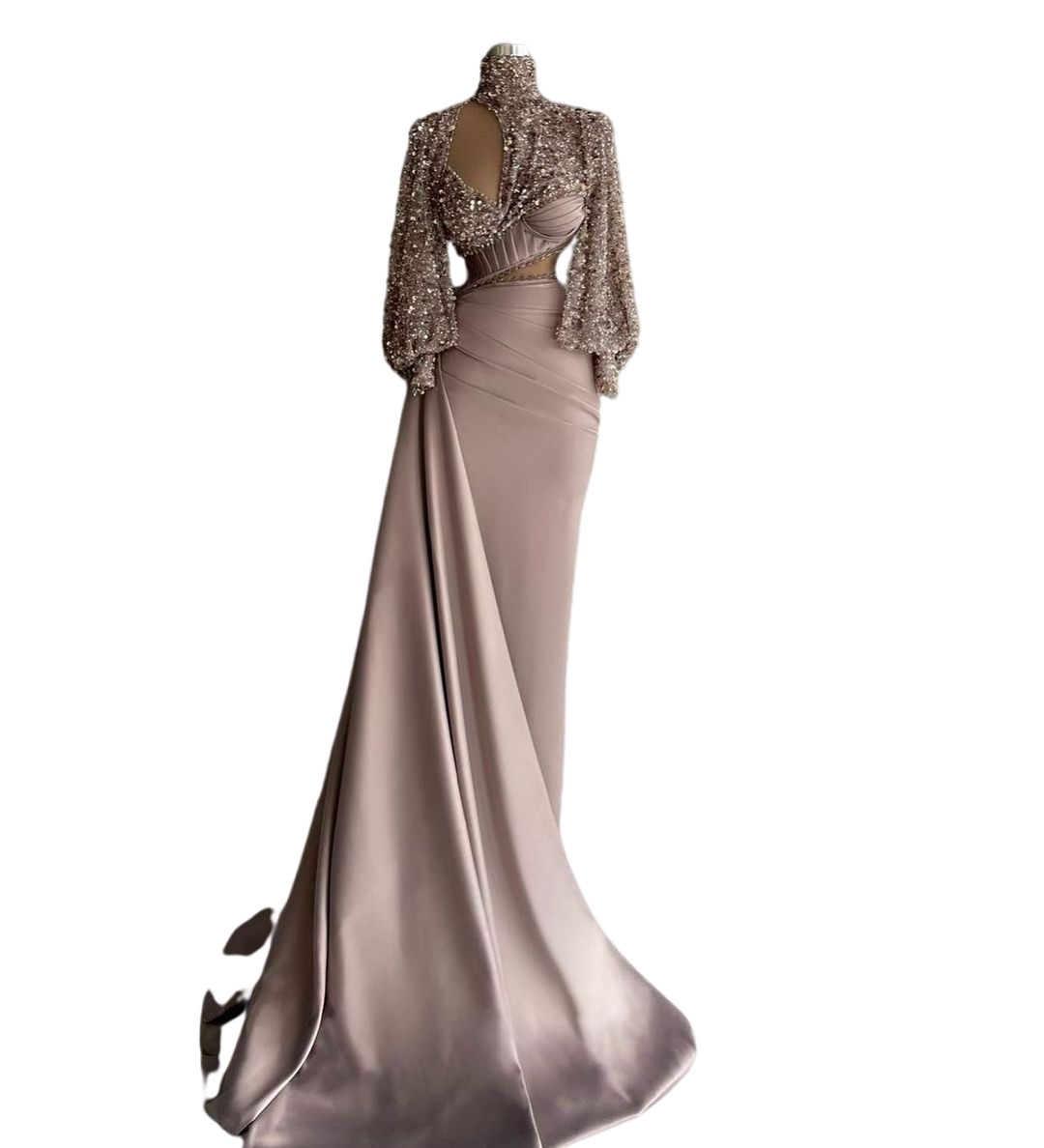 Modern Nude pink Sequined mermaid prom dresses High Neck Long Sleeves cutside Beaded arabic aso ebi Women Evening Dresses