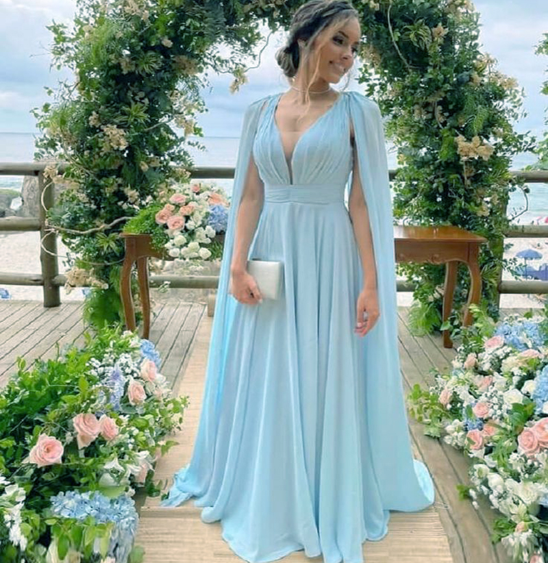 Elegant Blue Dubai Evening Dress With Cape Sleeves Sexy A Line Chiffon Arabic Israel Prom Dress 2023 Backless Formal Women Party Cocktail Occasion Lon