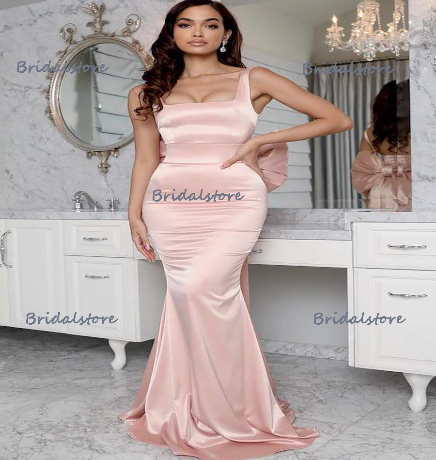 Abaya Mermaid Pink Evening Dress 2023 With Big Bow Sexy Square Neck Backless Silk Satin Prom Dresses Arabic Korean Long Party Special Occasion Recepti