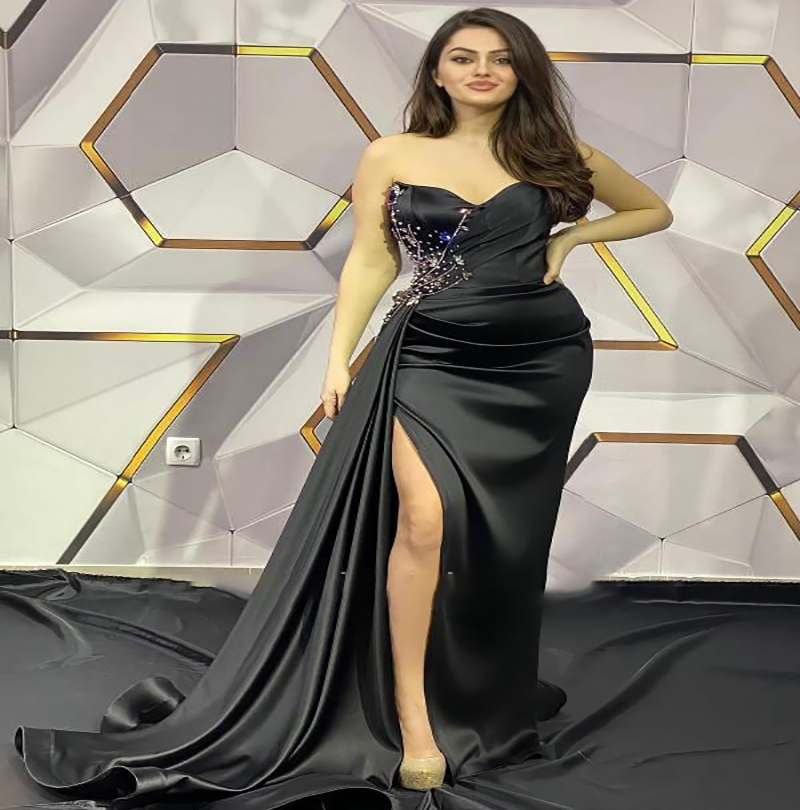 Big Size Black Long Evening Dress 2023 With Beaded Sweetheart Mermaid Prom Dresses High Slit Satin Dubai Women Party Gown Elegant Women Celebrity Wear