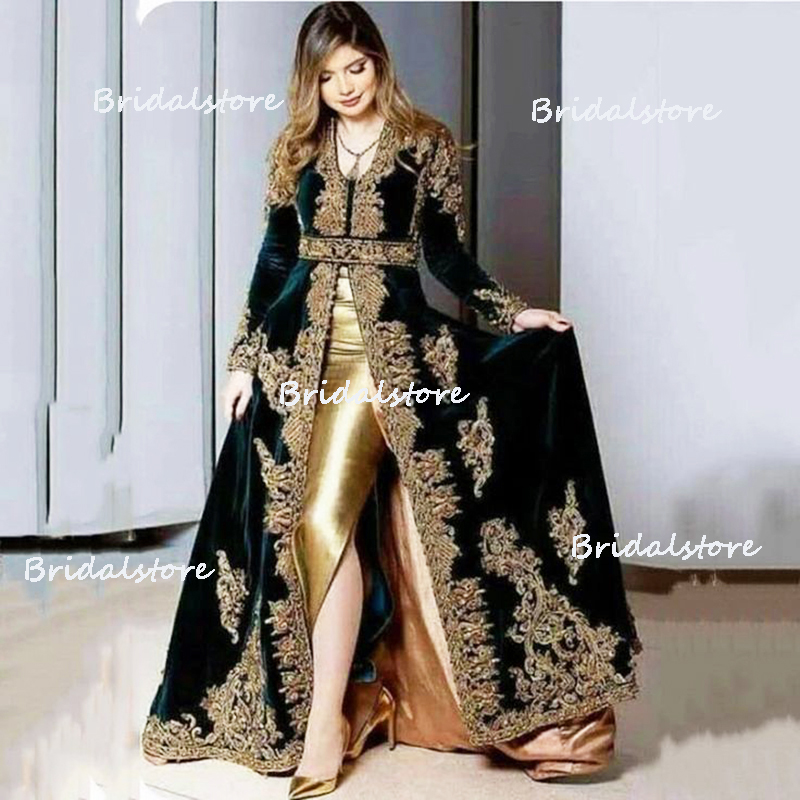 Luxury Green Velvet Evening Dress Dubai 2023 Long Sleeve Gold Lace Prom Dresses Morrocan Kaftan Muslim Party V Neck Arabic Caftan Abaya Formal Dress A