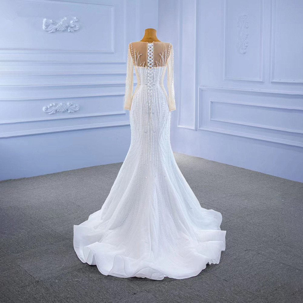 2in1 Mermaid Wedding Dresses with Detachable Train 2023 Illusion Long Sleeve Gillter Luxury Beaded Pearls Lace-up Bridal Gowns