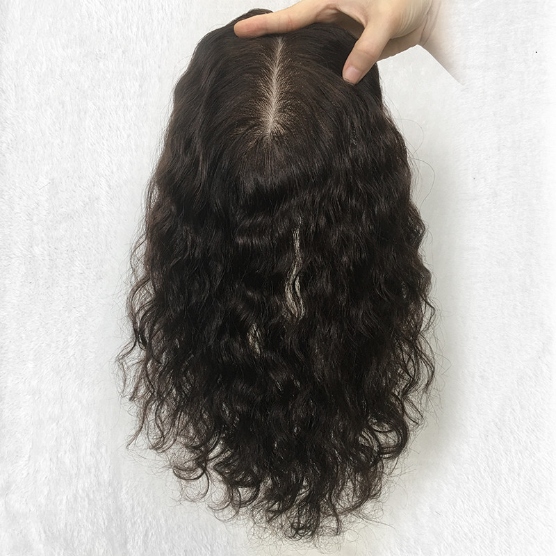 15x16CM European Human Hair Topper Silk Skin Base Toupee curly Virgin Hair Extension with Clips for Women